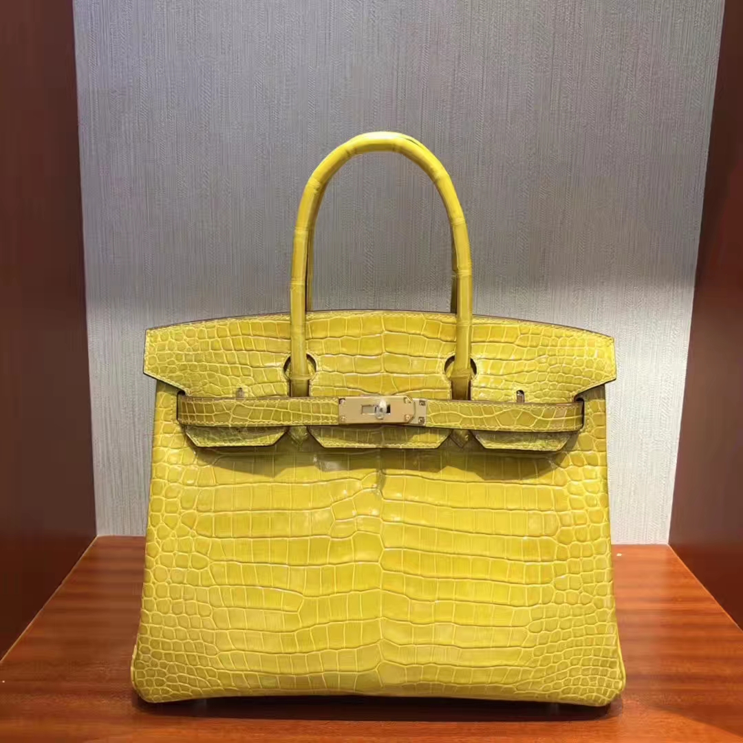 スポットエルメスBirkin30CMエルメス9D琥珀色黄色明るいクロコダイルレザープラチナバッグゴールドバックル