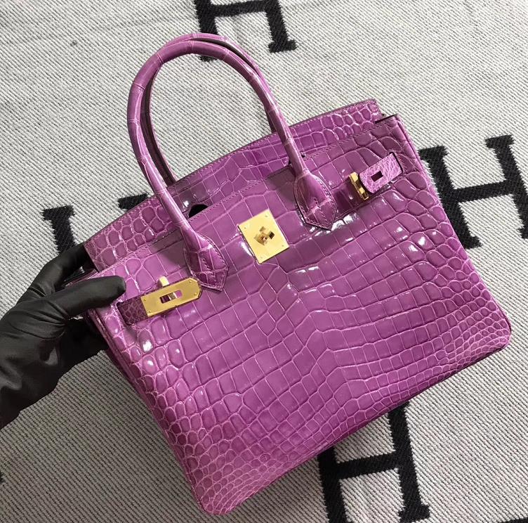 スポットエルメスバッグ公式サイトエルメスラベンダーパープルシャイニークロコダイルレザープラチナバッグBirkin30Mゴールドバックル