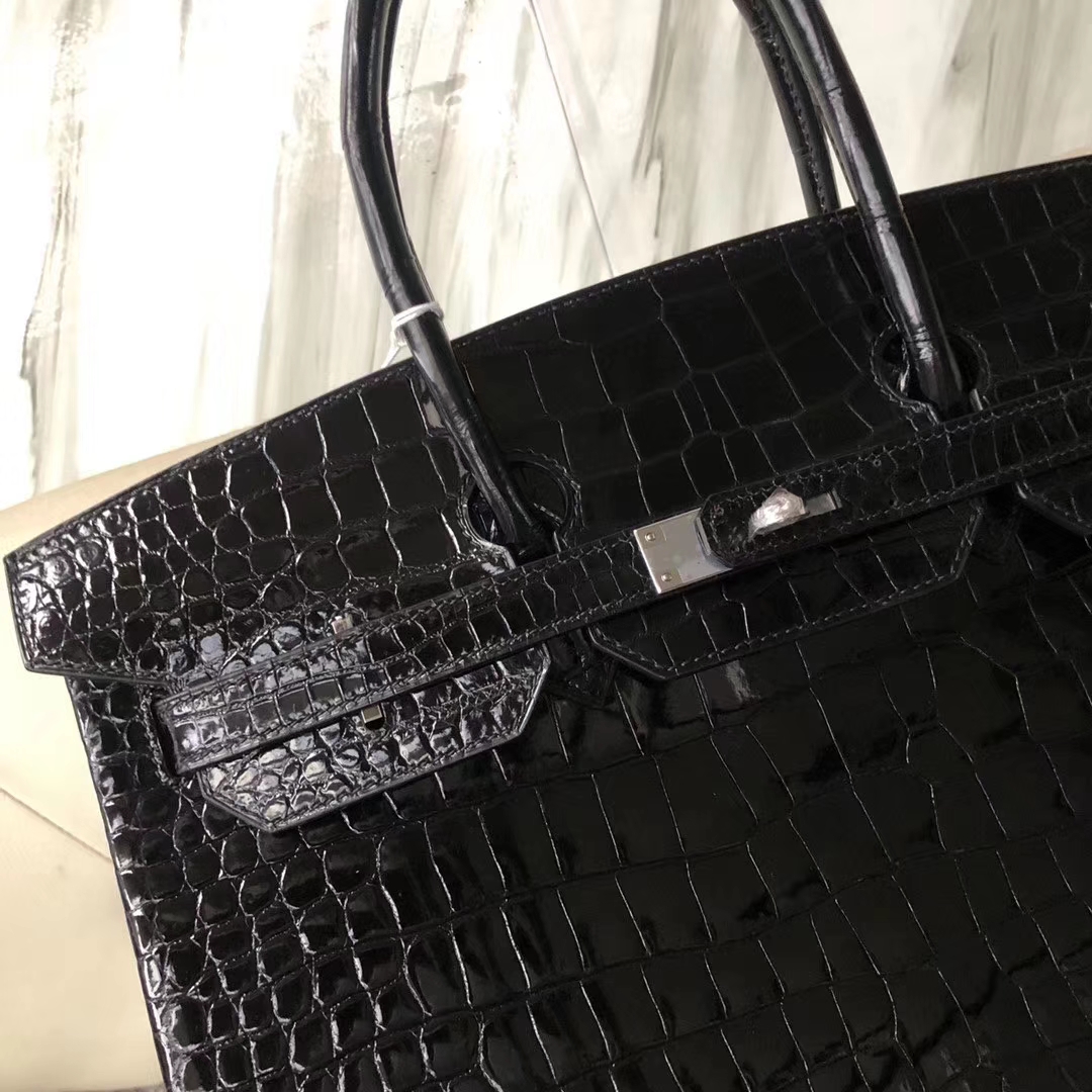 カスタムエルメスBirkin35CMエルメスck89ブラックシャイニークロコダイルレザープラチナバッグシルバーバックル