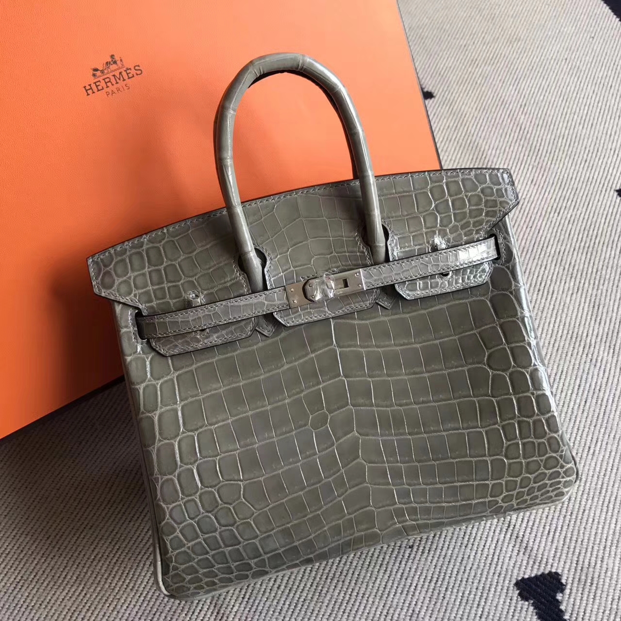 高級レディースバッグエルメスエルメスC81タートルドーブグレー光沢クロコダイルレザーBirkin25プラチナバッグシルバーバックル