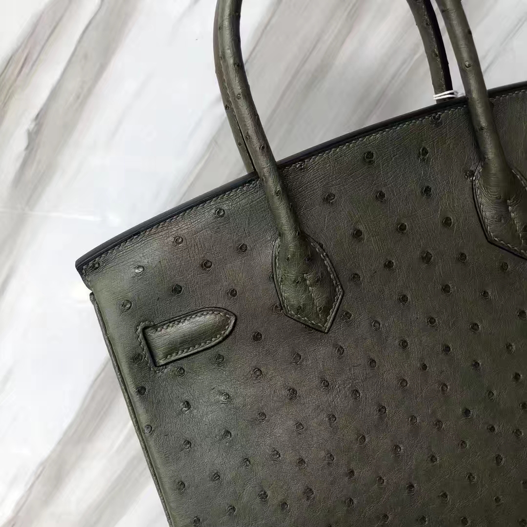 カスタマイズされたエルメスバーキンバッグエルメスオリジナルKKオーストリッチレザープラチナバッグBirkin30CMV6ジャングルグリーンゴールドバックル