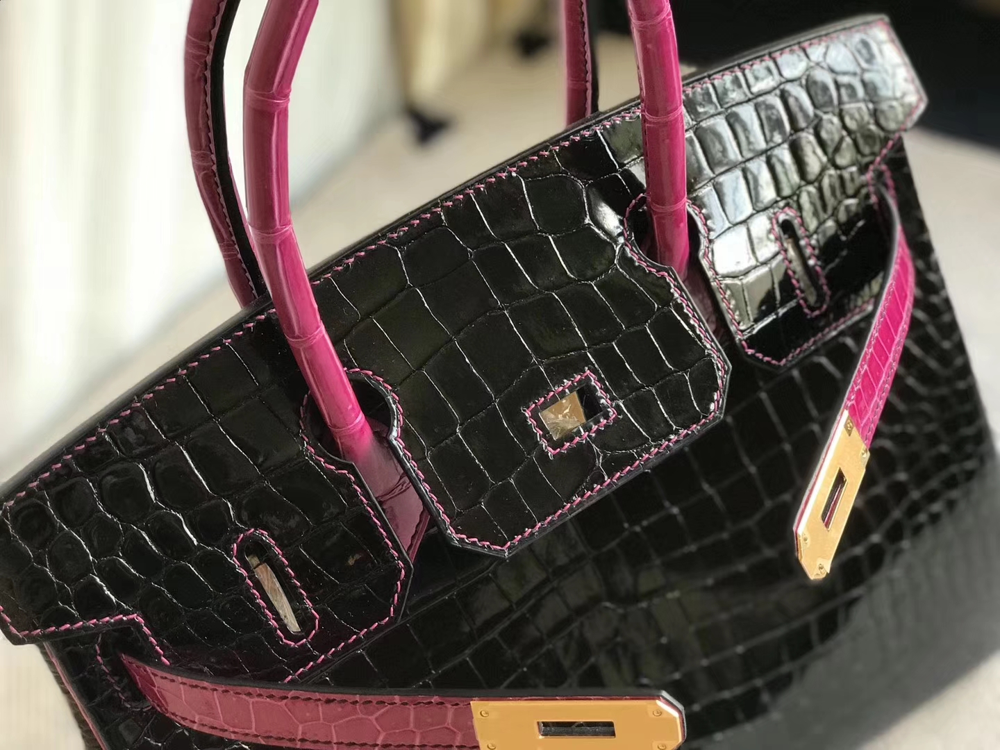 エルメスバーキンバッグエルメスシャイニーベイクロコダイルレザープラチナバッグBirkin30CMCK89ブラック/J5アラビアンナイトピンクパープル