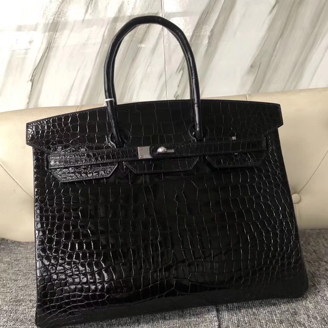 カスタムエルメスBirkin35CMエルメスck89ブラックシャイニークロコダイルレザープラチナバッグシルバーバックル