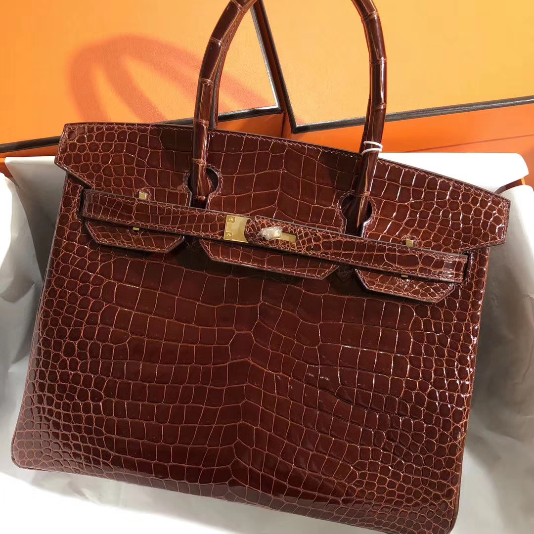 スポットエルメスバーキンレディースバッグエルメスシャイニークロコダイルレザーCK31ハニーブラウンプラチナバッグBirkin30CMゴールドバックル