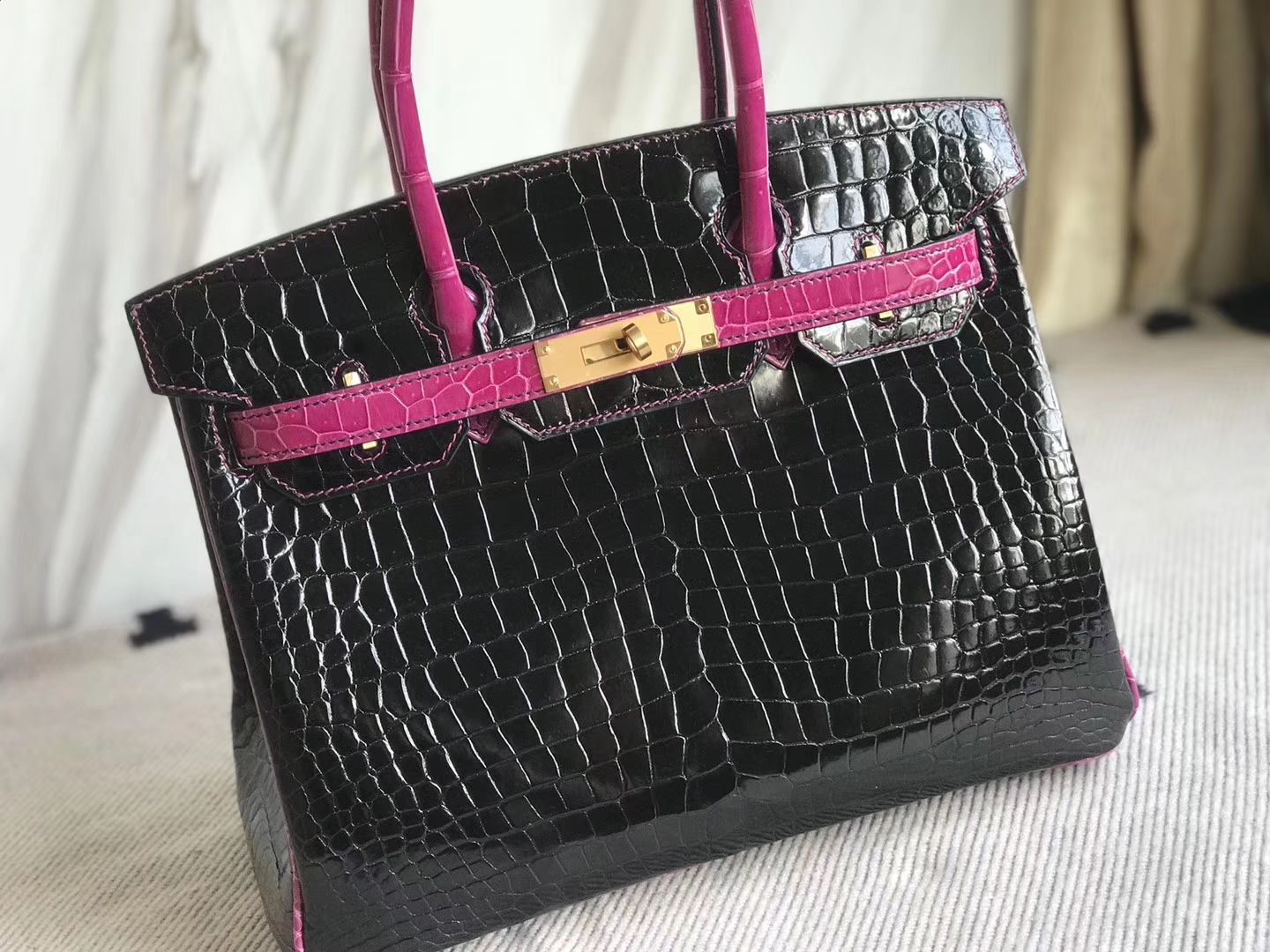 エルメスバーキンバッグエルメスシャイニーベイクロコダイルレザープラチナバッグBirkin30CMCK89ブラック/J5アラビアンナイトピンクパープル