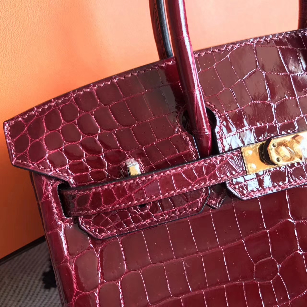 エルメスレディースバッグ新しいエルメスプラチナバッグBirkin25cmF5ブルゴーニュワインレッドシャイニークロコダイルレザーゴールドバックル