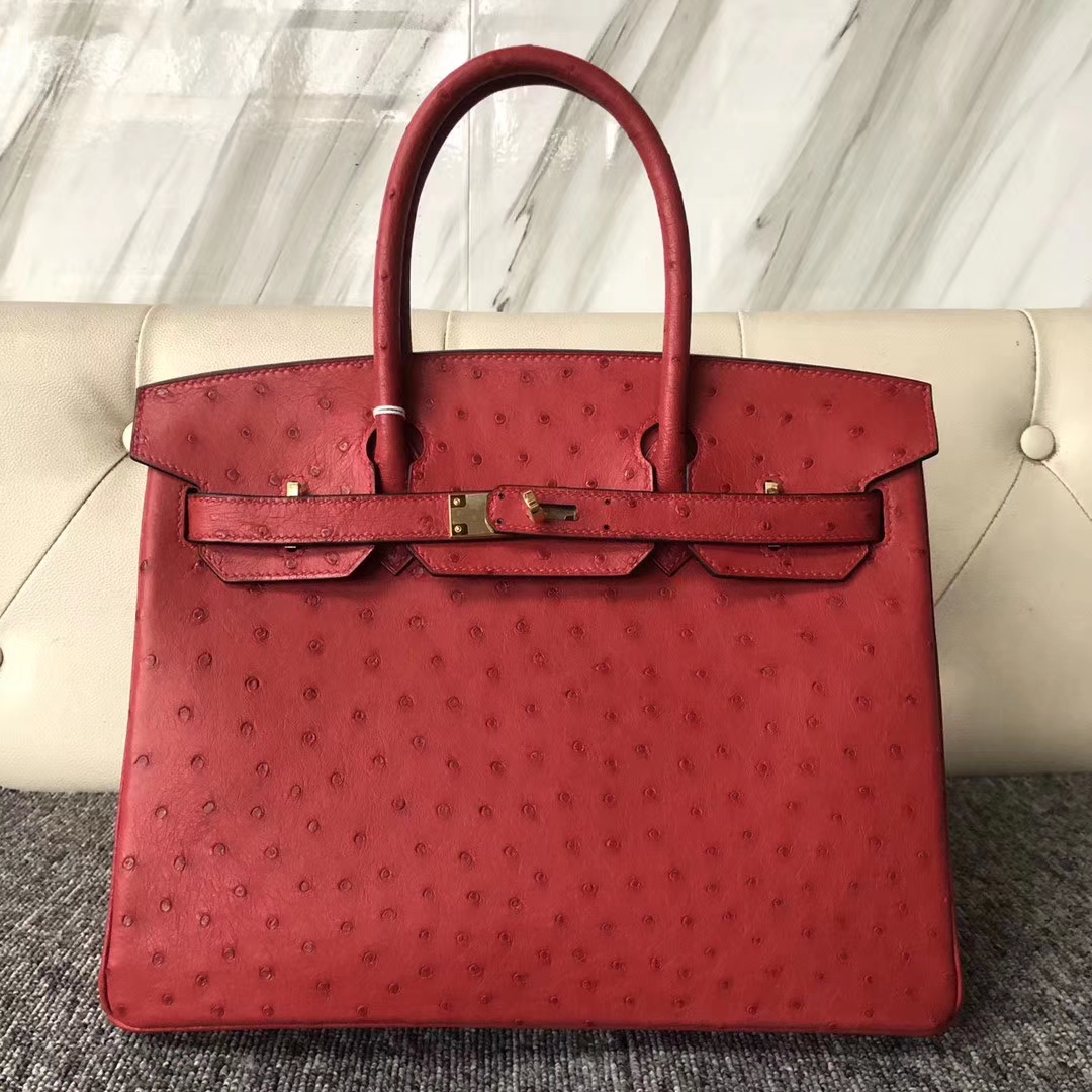 スポットエルメスBirkin30CMエルメスフラッグレッド輸入KKオーストリッチスキンプラチナバッグゴールドバックル