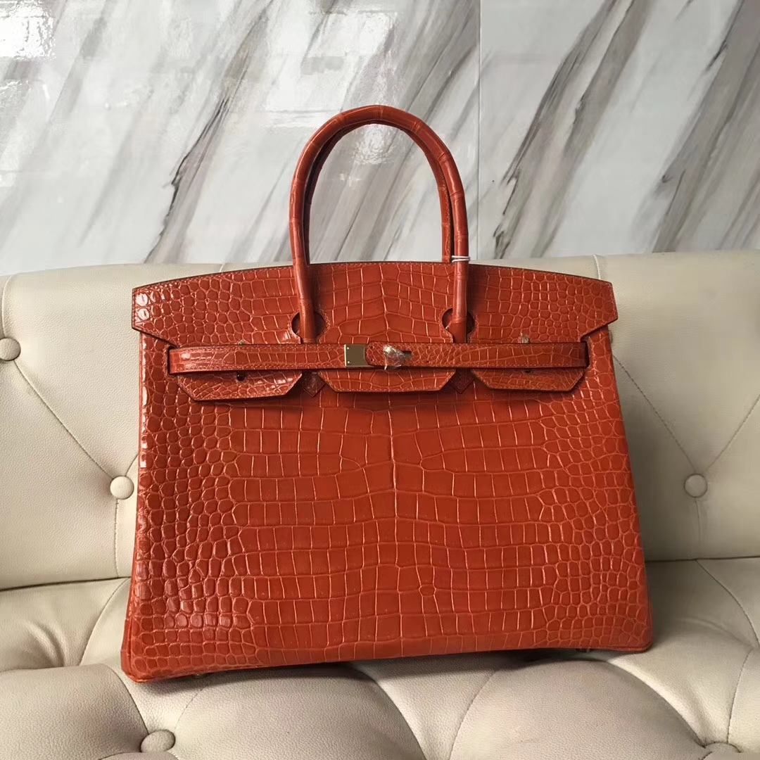 エルメスバーキンレディースバッグエルメスシャイニークロコダイルレザープラチナバッグBirkin35CM8Vポピーオレンジゴールドバックル