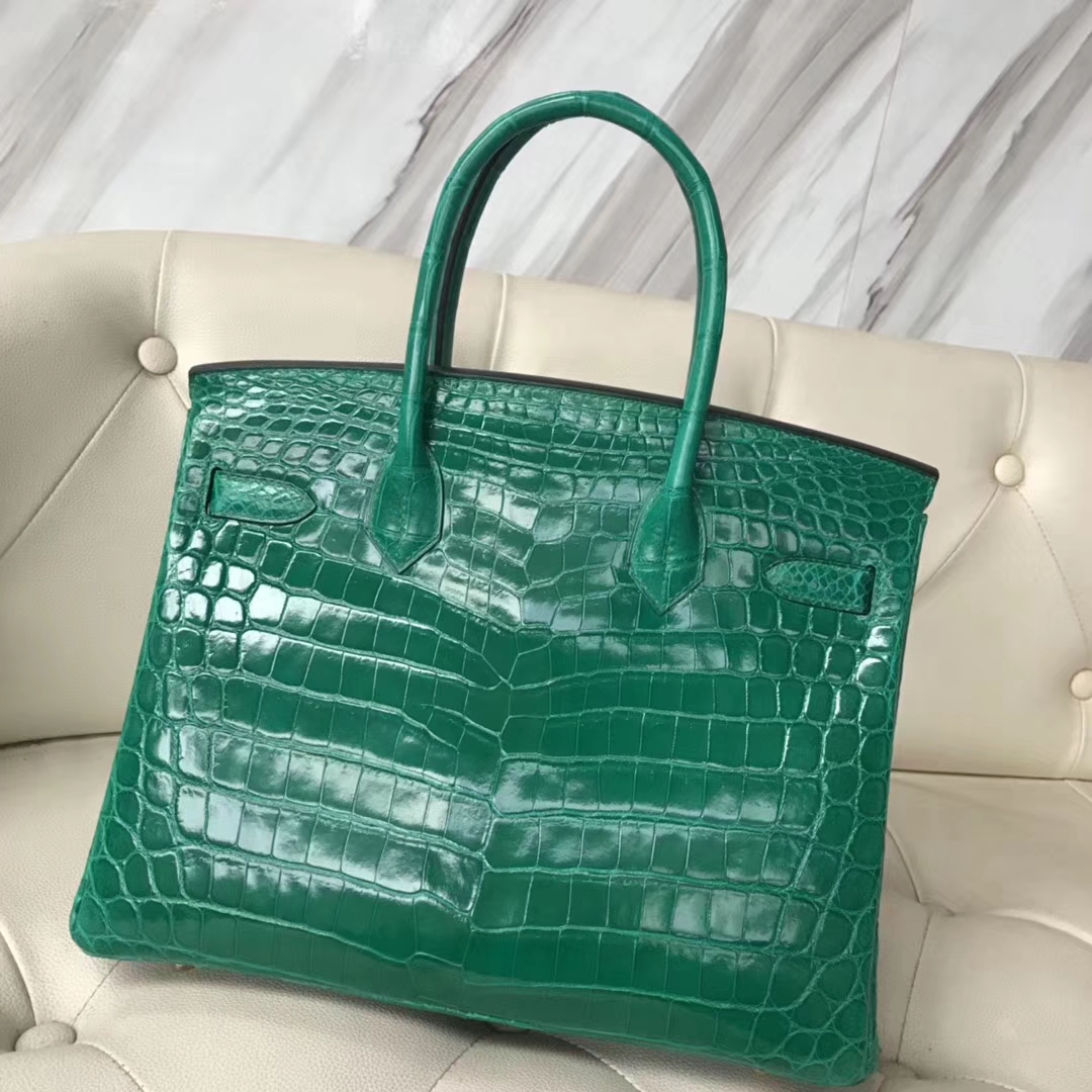 エルメスバーキンレディースバッグエルメスシャイニークロコダイルレザープラチナバッグBirkin30CM6Qエメラルドグリーンゴールドバックル