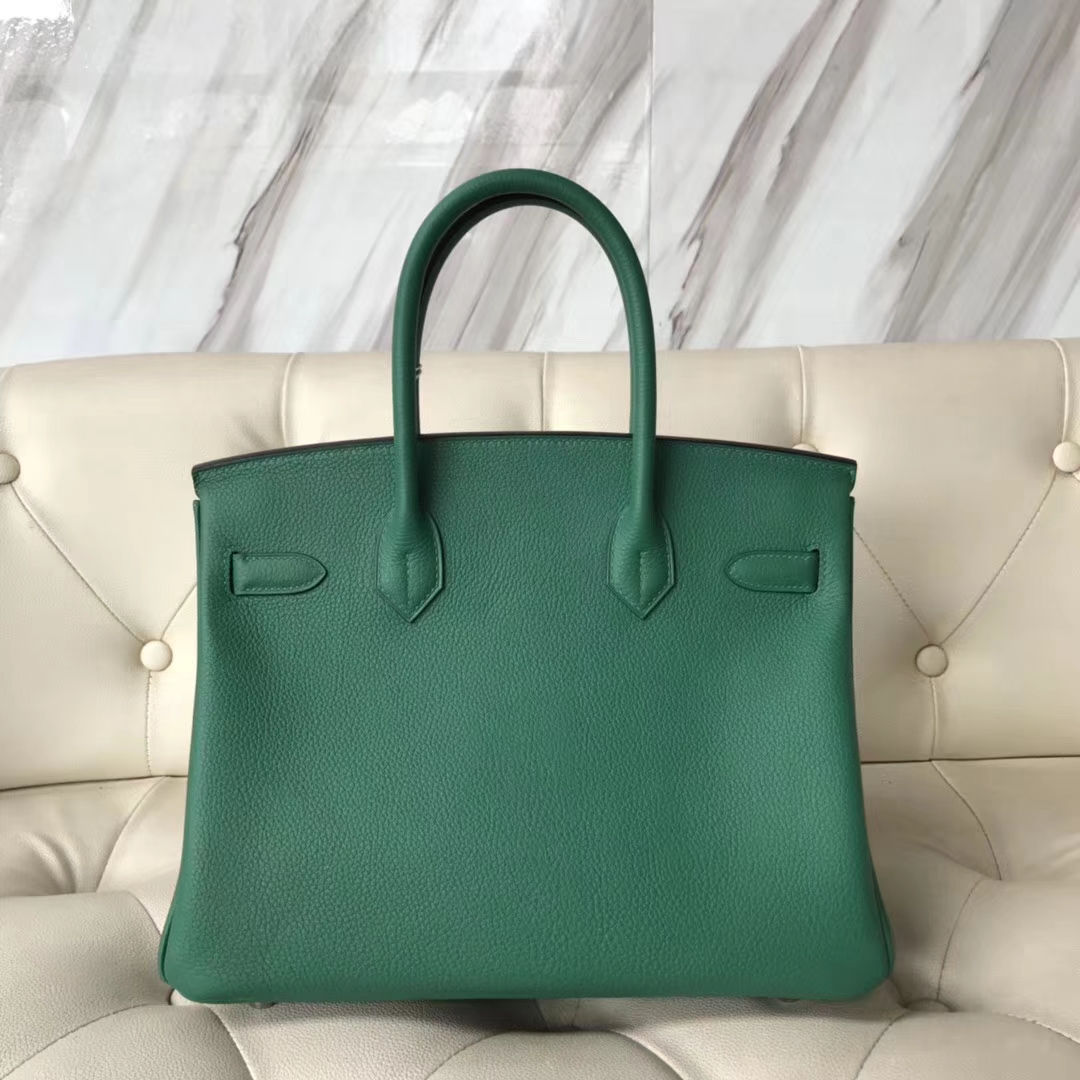 エルメスバーキンバッグエルメスオリジナルライチグレイン牛革プラチナバッグBirkin30CMU4ベルベットグリーンシルバーバックル