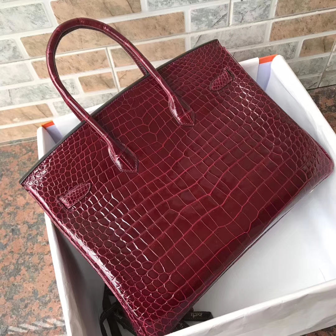 エルメスバーキンレディースバッグエルメスシャイニーベイクロコダイルレザープラチナバッグBirkin35CMF5ニューワインレッドシルバーバックル