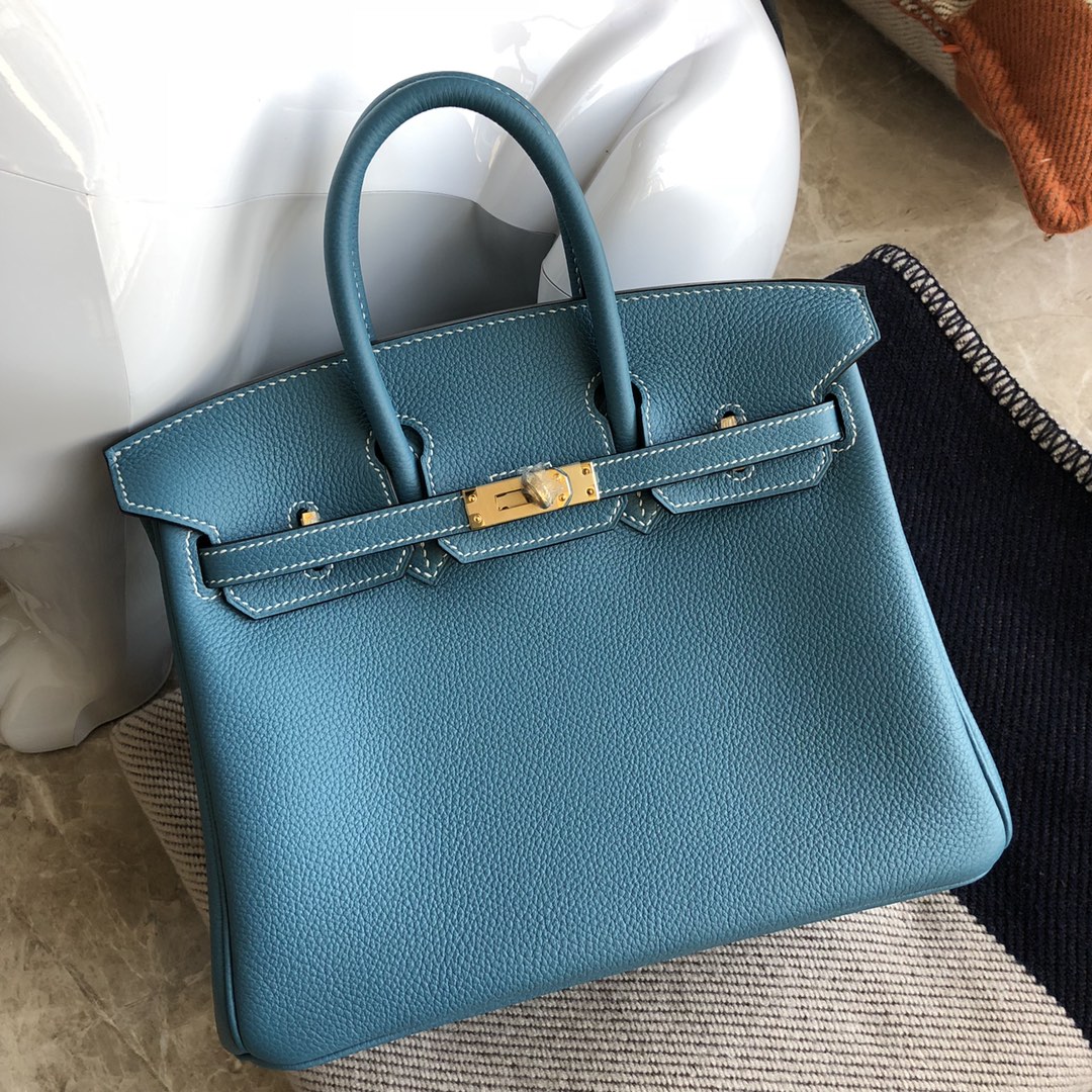 スポットエルメスBirkin25CMエルメスS7ガリシアブルートーゴカーフスキンプラチナバッグゴールドバックル