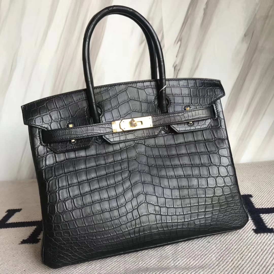 エルメスバーキンバッグエルメストップマットクロコダイルレザープラチナバッグBirkin30CMゴールドバックル