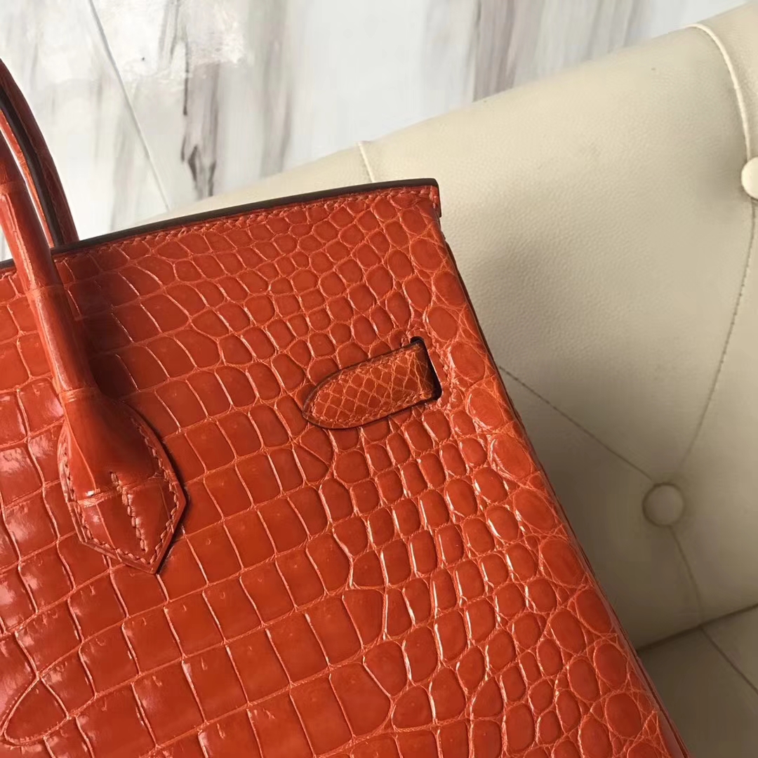 エルメスバーキンレディースバッグエルメスシャイニークロコダイルレザープラチナバッグBirkin35CM8Vポピーオレンジゴールドバックル