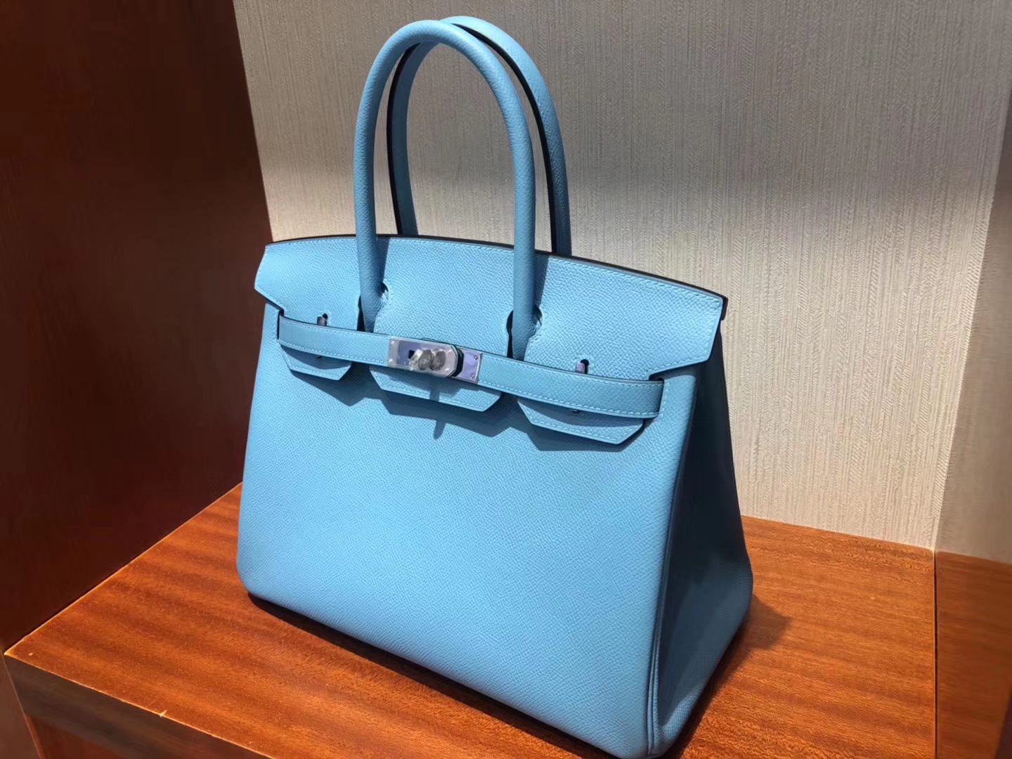 スポットエルメスエルメス2019最新カラーP3ノーザンブルーパームグレイン牛革プラチナバッグBirkin30CMシルバーバックル