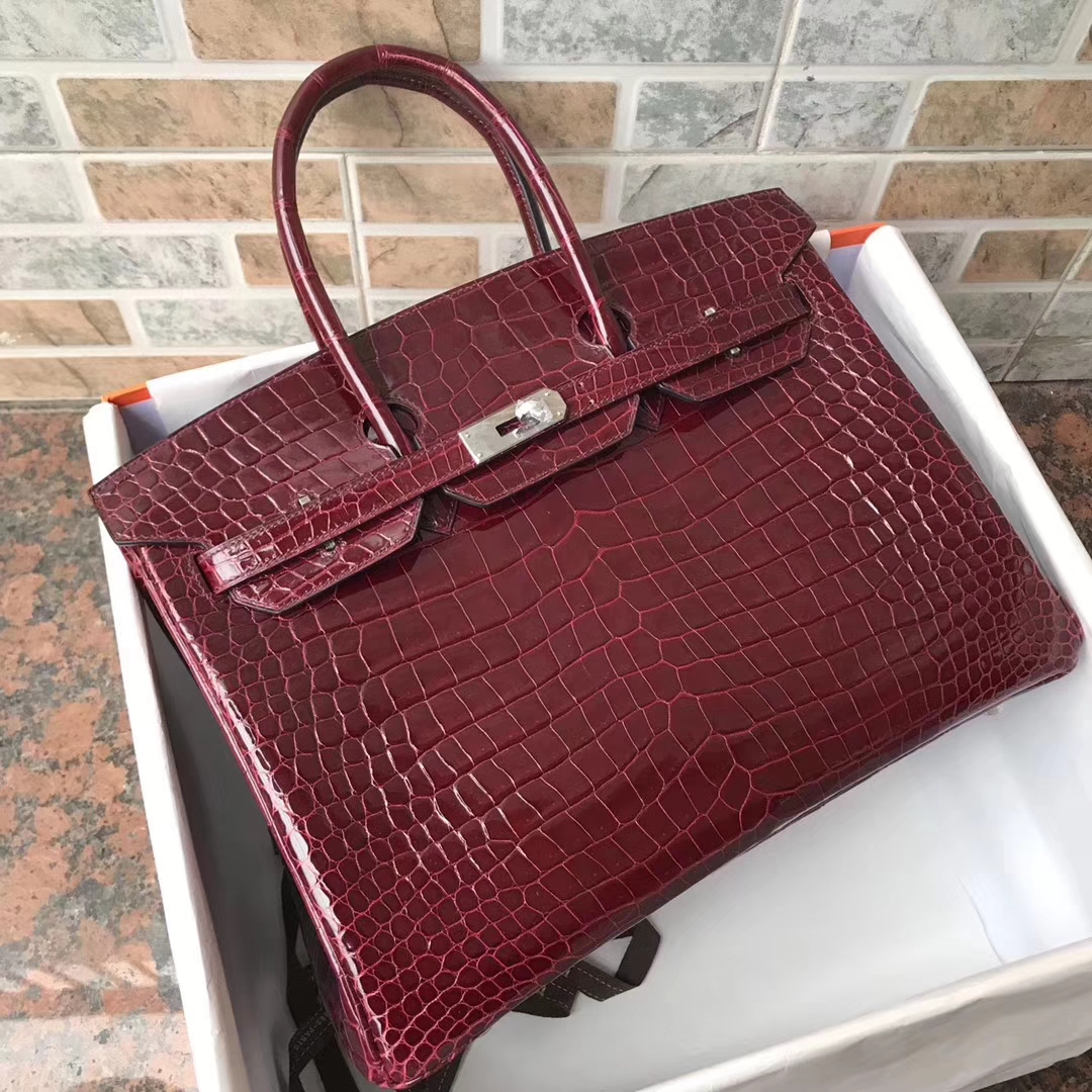 エルメスバーキンレディースバッグエルメスシャイニーベイクロコダイルレザープラチナバッグBirkin35CMF5ニューワインレッドシルバーバックル