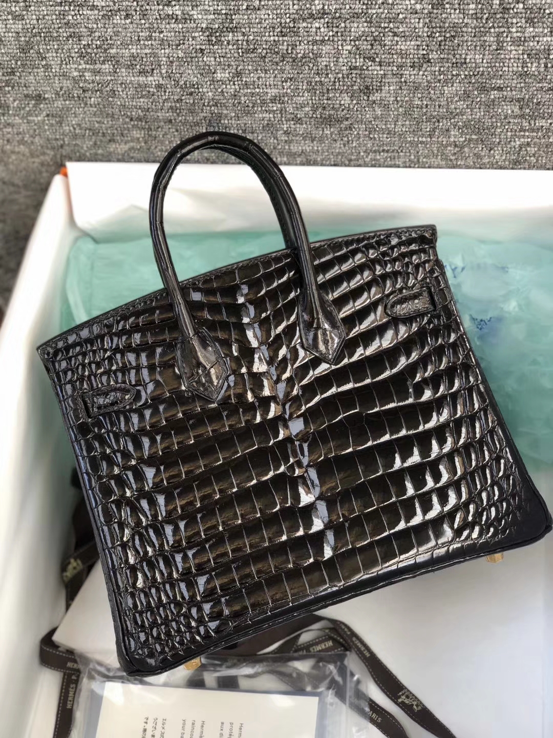 スポットエルメスバーキンレディースバッグエルメスシャイニーアーチビーズクロコダイルレザープラチナバッグBirkin25CMCK89ブラックゴールドバックル