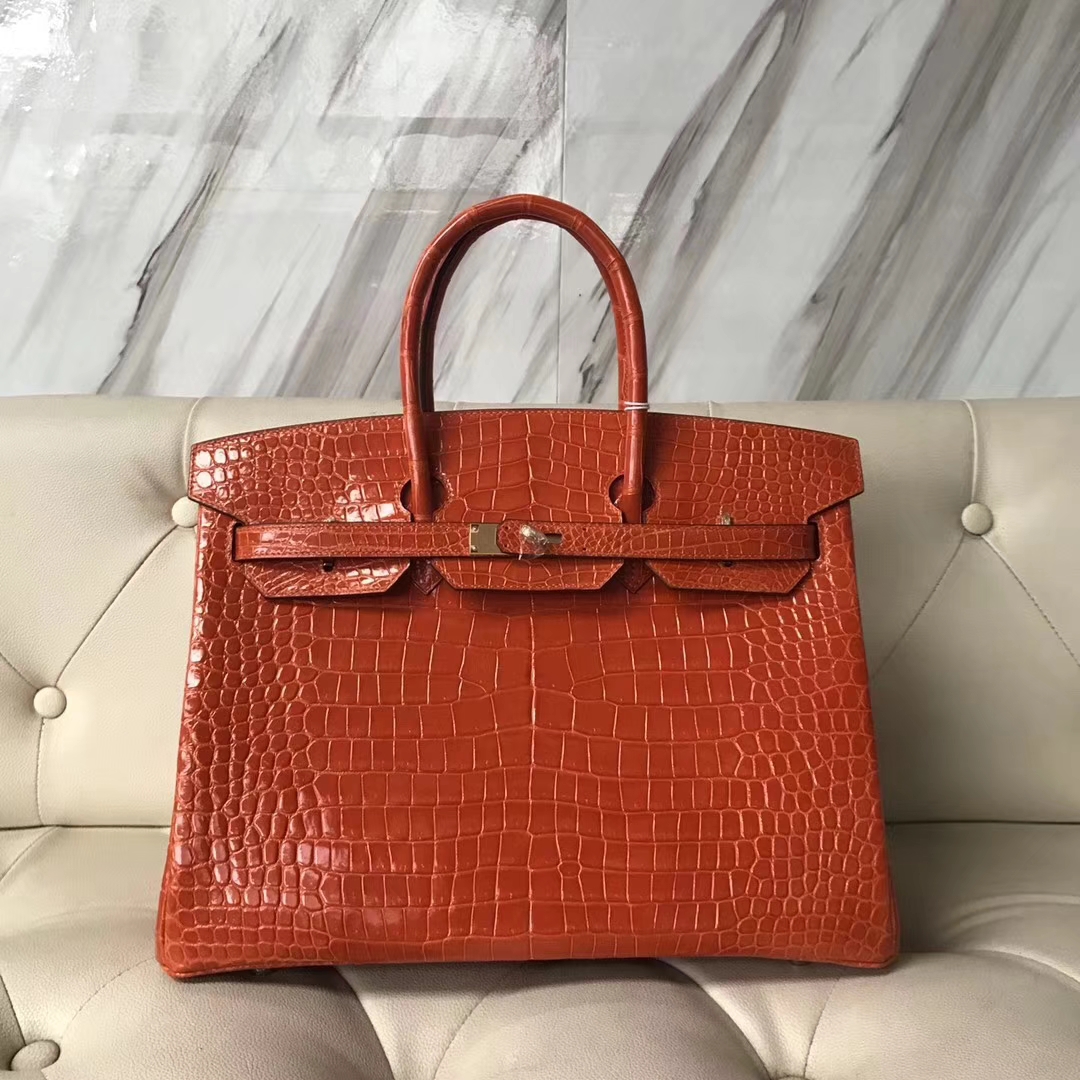 エルメスバーキンレディースバッグエルメスシャイニークロコダイルレザープラチナバッグBirkin35CM8Vポピーオレンジゴールドバックル