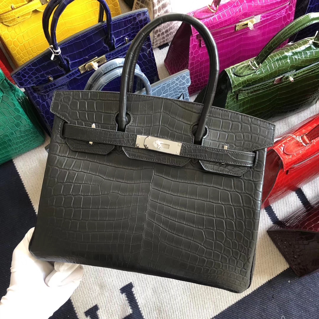 スポットエルメスBirkin30CMエルメスCK89ブラックマットクロコダイルレザープラチナバッグシルバーバックル