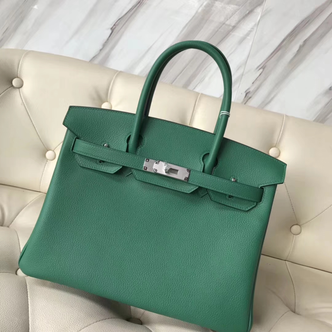 エルメスバーキンバッグエルメスオリジナルライチグレイン牛革プラチナバッグBirkin30CMU4ベルベットグリーンシルバーバックル