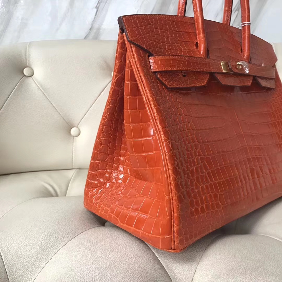 エルメスバーキンレディースバッグエルメスシャイニークロコダイルレザープラチナバッグBirkin35CM8Vポピーオレンジゴールドバックル