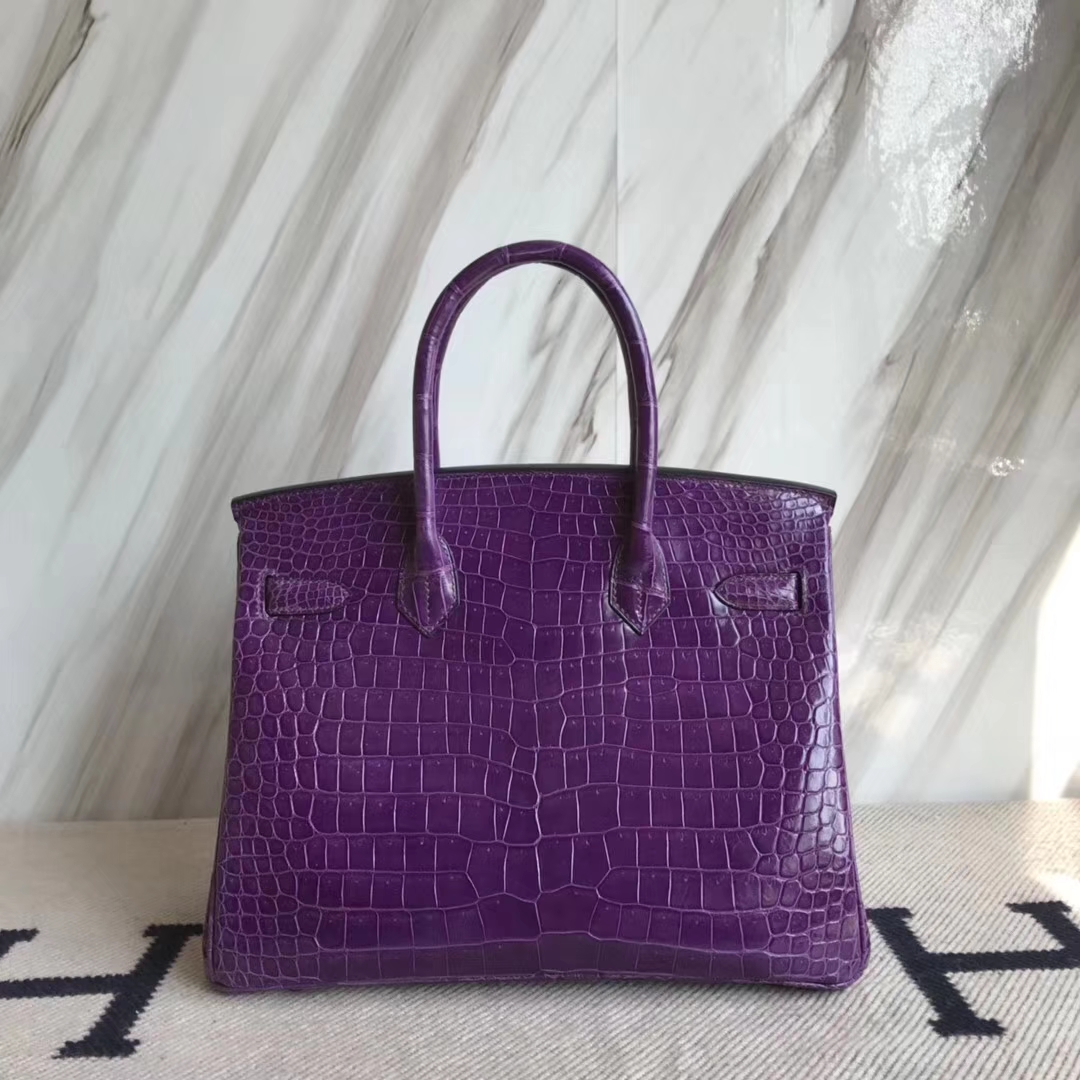 エルメスバーキンレディースバッグエルメスグレープパープルシャイニークロコダイルレザープラチナバッグBirkin30CMゴールドバックル