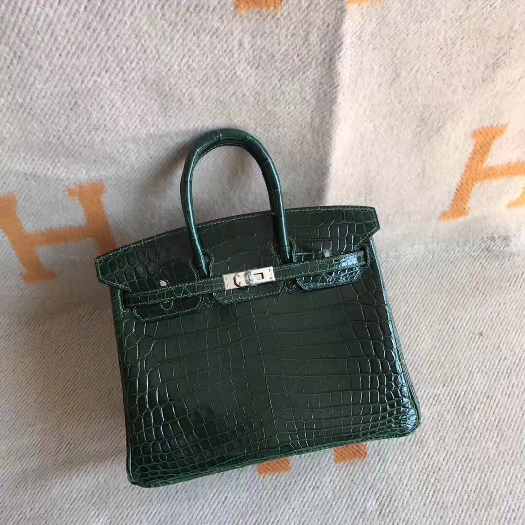 エルメスバッグ卸売エルメスCK67エメラルド光沢のあるクロコダイルレザーBirkin25プラチナシルバーバックル