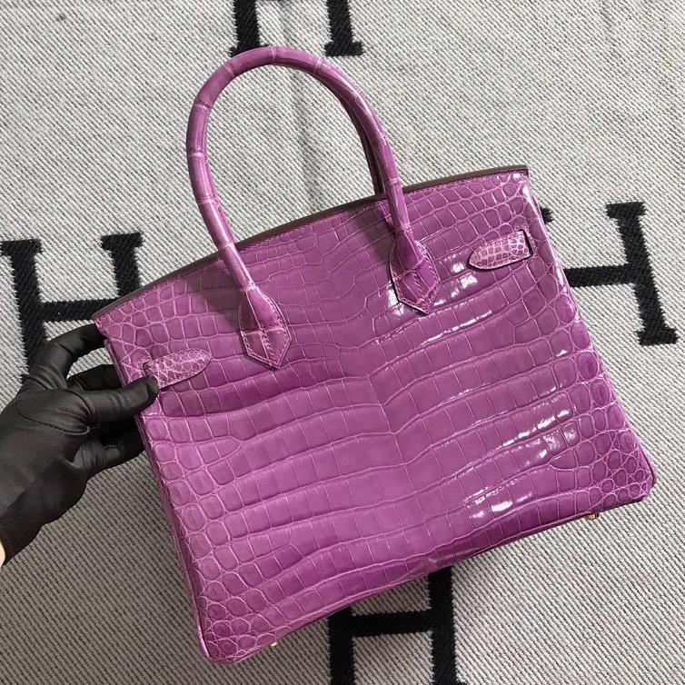 スポットエルメスバッグ公式サイトエルメスラベンダーパープルシャイニークロコダイルレザープラチナバッグBirkin30Mゴールドバックル