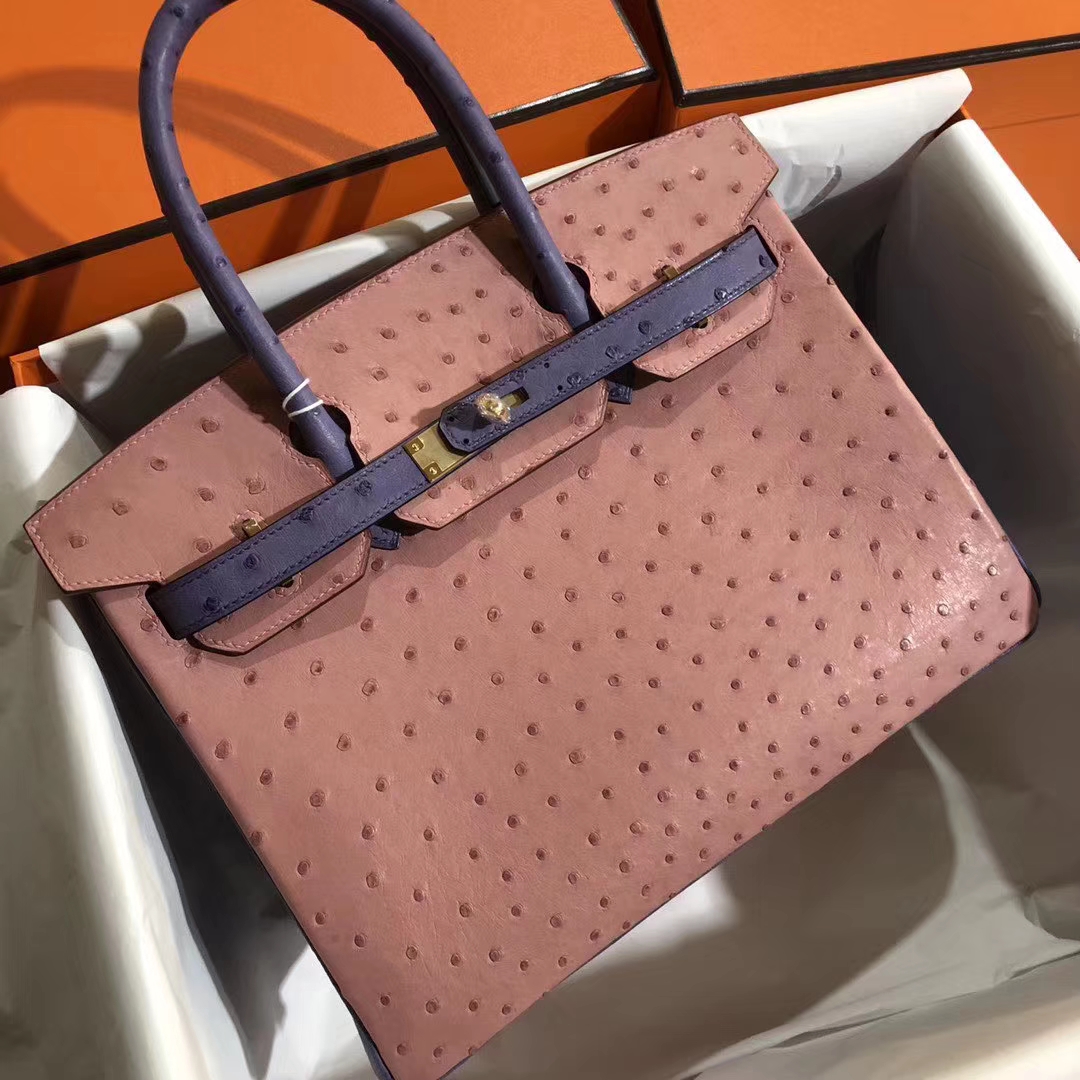 カスタマイズされたエルメスBirkin30CMエルメスCC94セラミックパウダースペリングブルーKKオーストリッチレザープラチナバッグゴールドバックル