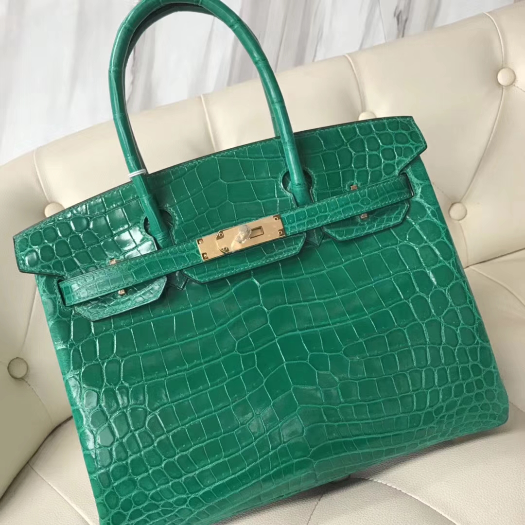 エルメスバーキンレディースバッグエルメスシャイニークロコダイルレザープラチナバッグBirkin30CM6Qエメラルドグリーンゴールドバックル