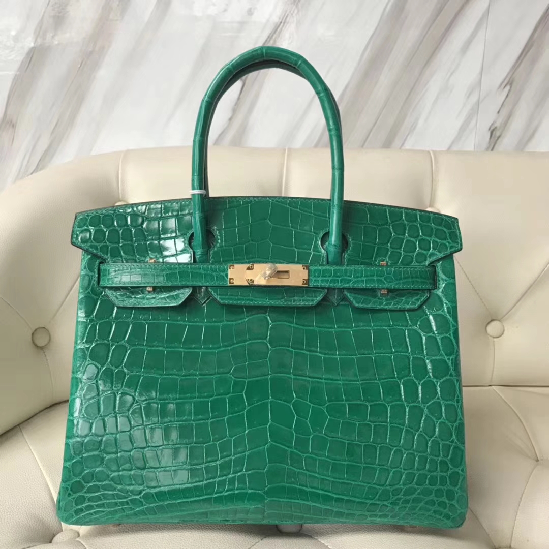 エルメスバーキンレディースバッグエルメスシャイニークロコダイルレザープラチナバッグBirkin30CM6Qエメラルドグリーンゴールドバックル