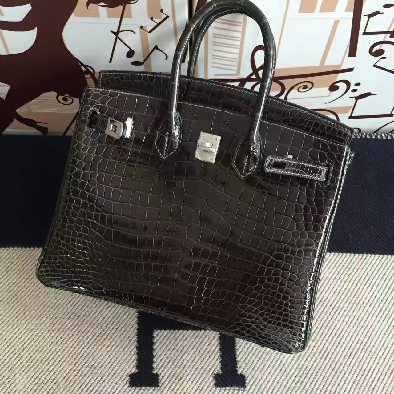 エルメスエルメスハンドステッチプラチナバッグ88グラファイトグレーオーストラリアングロスベイクロコダイルレザーBirkin25cm