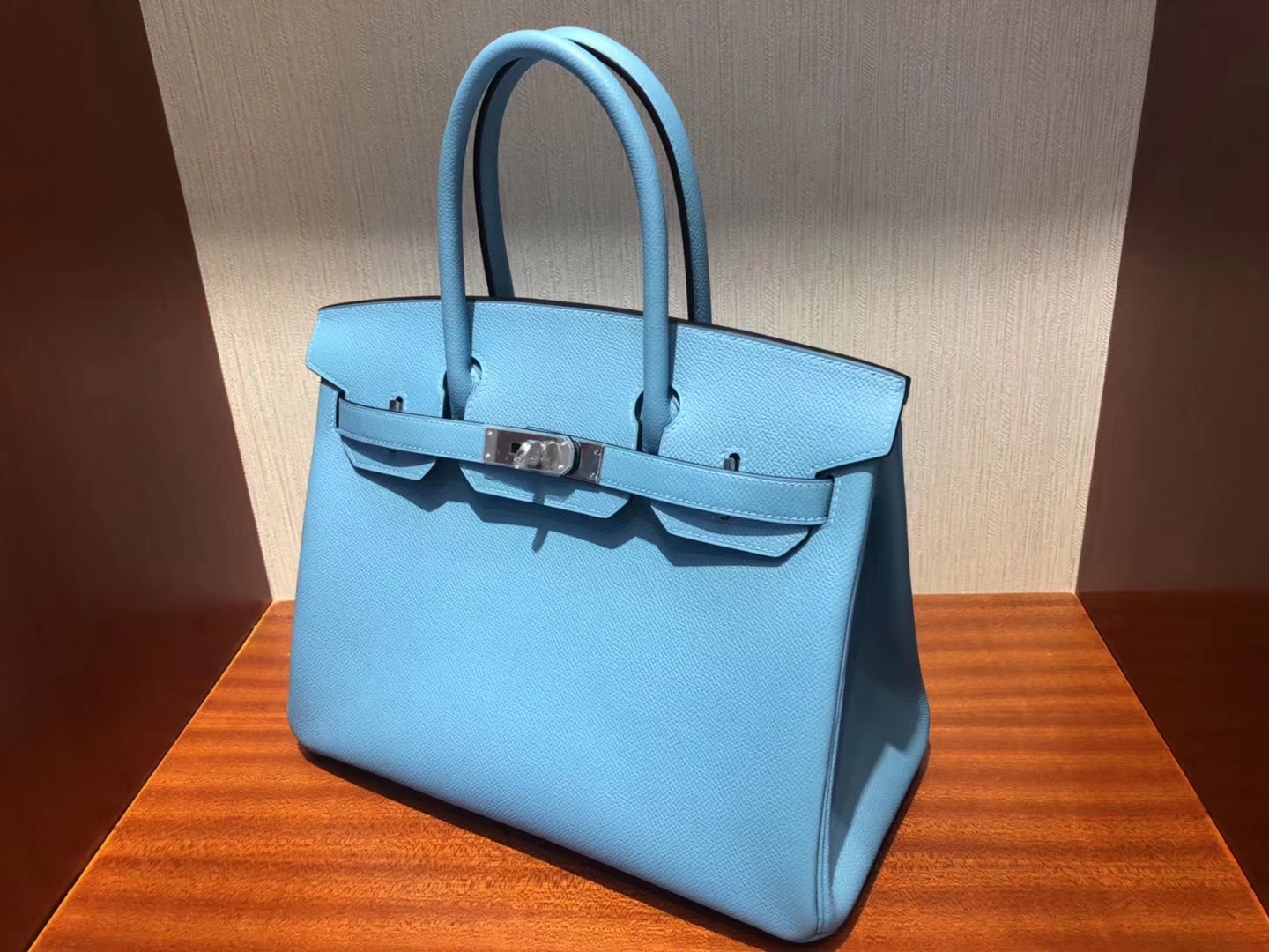 スポットエルメスエルメス2019最新カラーP3ノーザンブルーパームグレイン牛革プラチナバッグBirkin30CMシルバーバックル