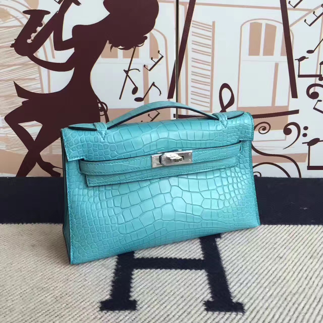 MiniKellyPochette22CMアリゲーターマットマットスクエアクロコダイル3Zサンシールシルバーバックル