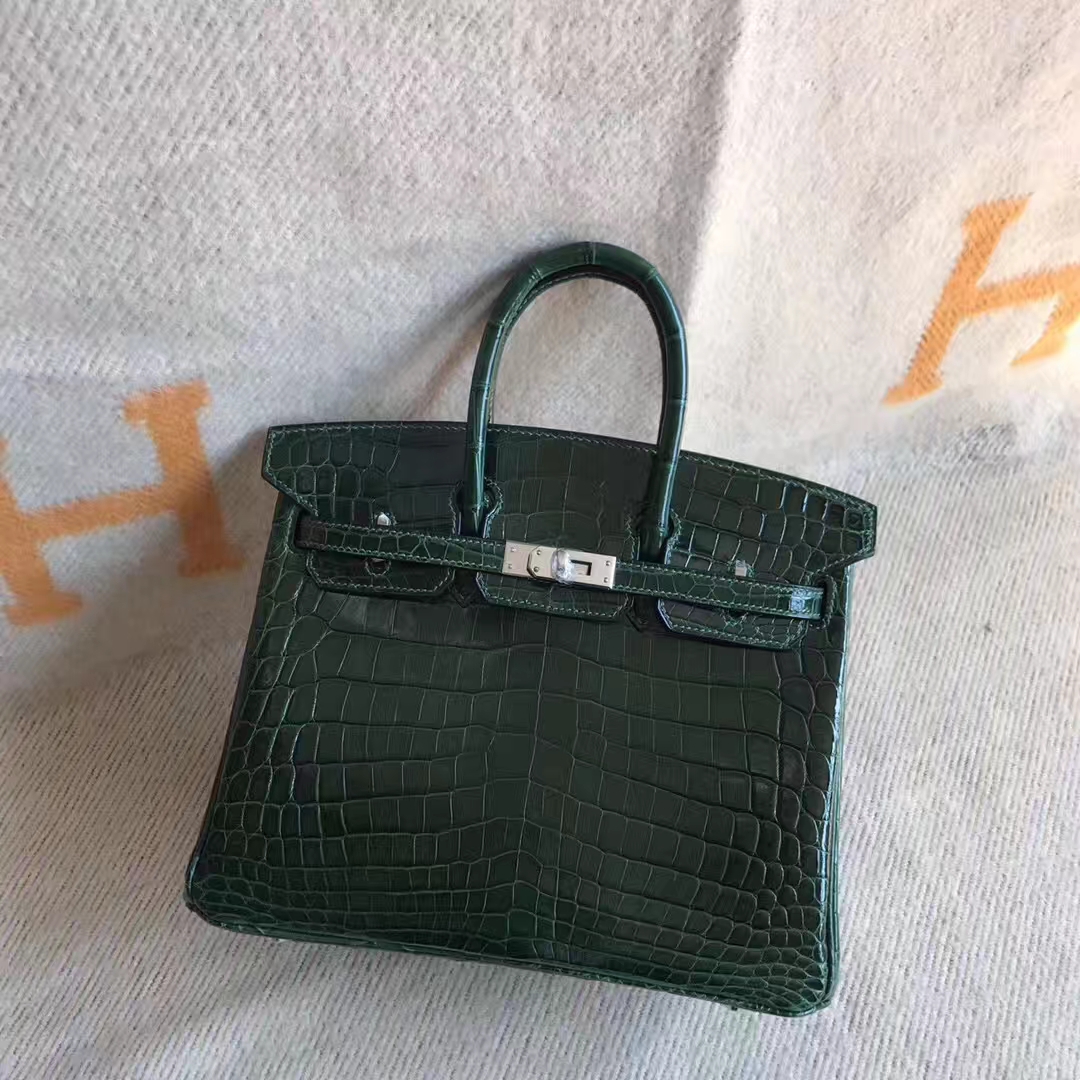 エルメスバッグ卸売エルメスCK67エメラルド光沢のあるクロコダイルレザーBirkin25プラチナシルバーバックル