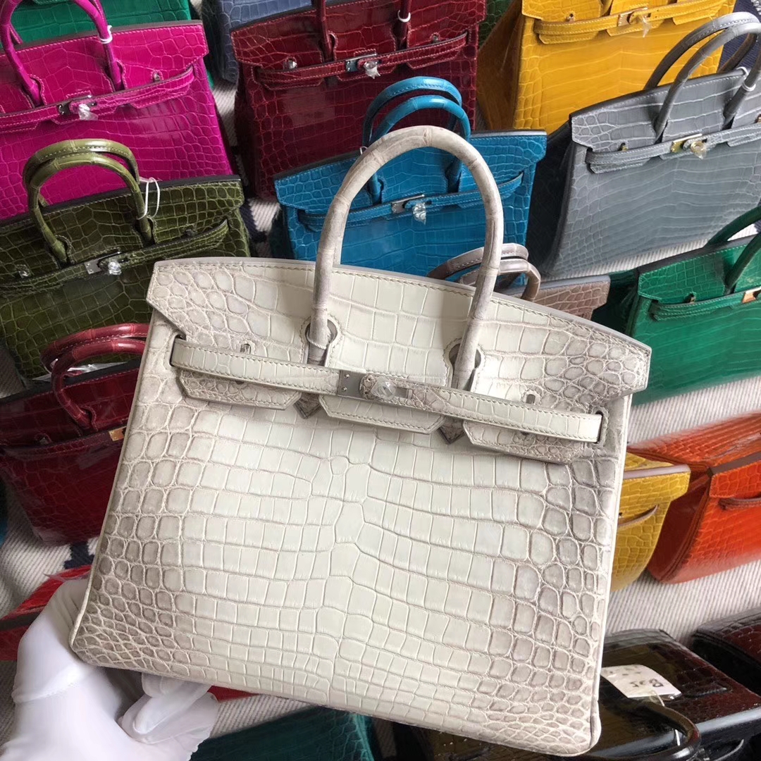 スポットエルメスBirkin25CMエルメス輸入ヒマラヤクロコダイルレザープラチナバッグシルバーバックル