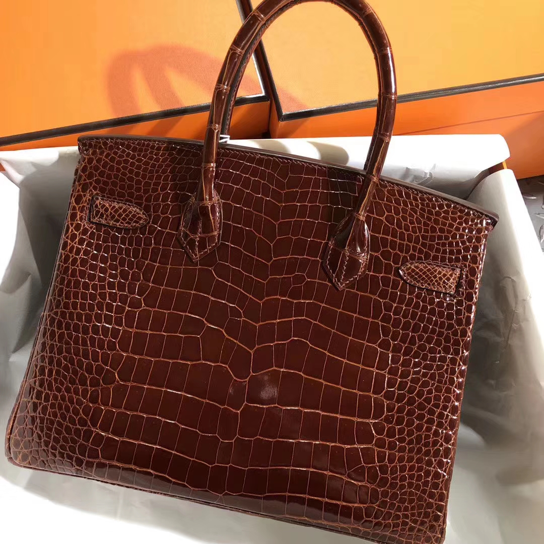 スポットエルメスバーキンレディースバッグエルメスシャイニークロコダイルレザーCK31ハニーブラウンプラチナバッグBirkin30CMゴールドバックル