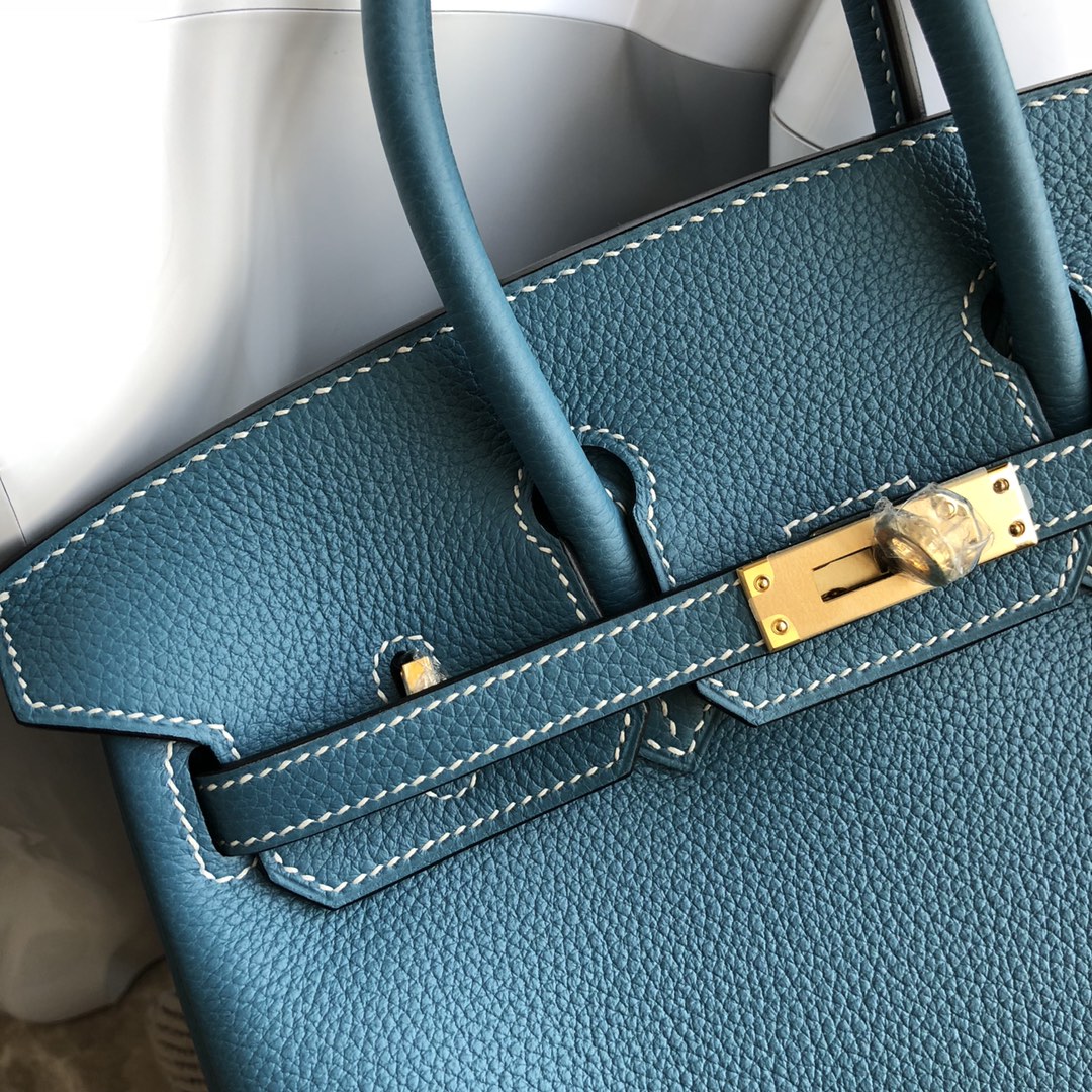 スポットエルメスBirkin25CMエルメスS7ガリシアブルートーゴカーフスキンプラチナバッグゴールドバックル