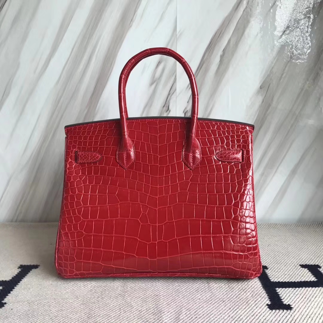 エルメスバーキンバッグエルメスシャイニークロコダイルレザープラチナバッグBirkin30CMCK95フェラーリレッドゴールドバックル