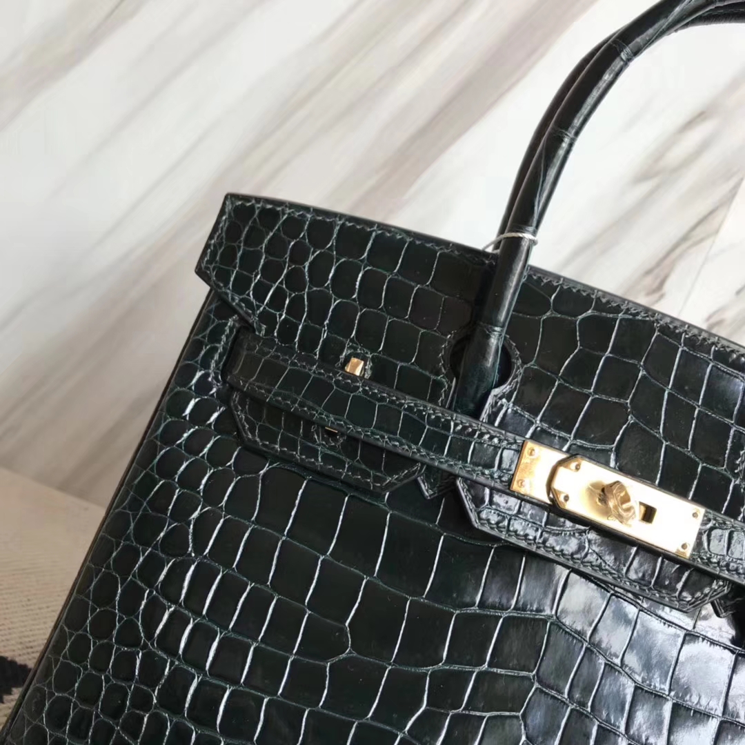 エルメスBirkin30CMエルメスシャイニークロコダイルレザープラチナバッグバーキンレディースバッグ1Pダックグリーンゴールドバックル