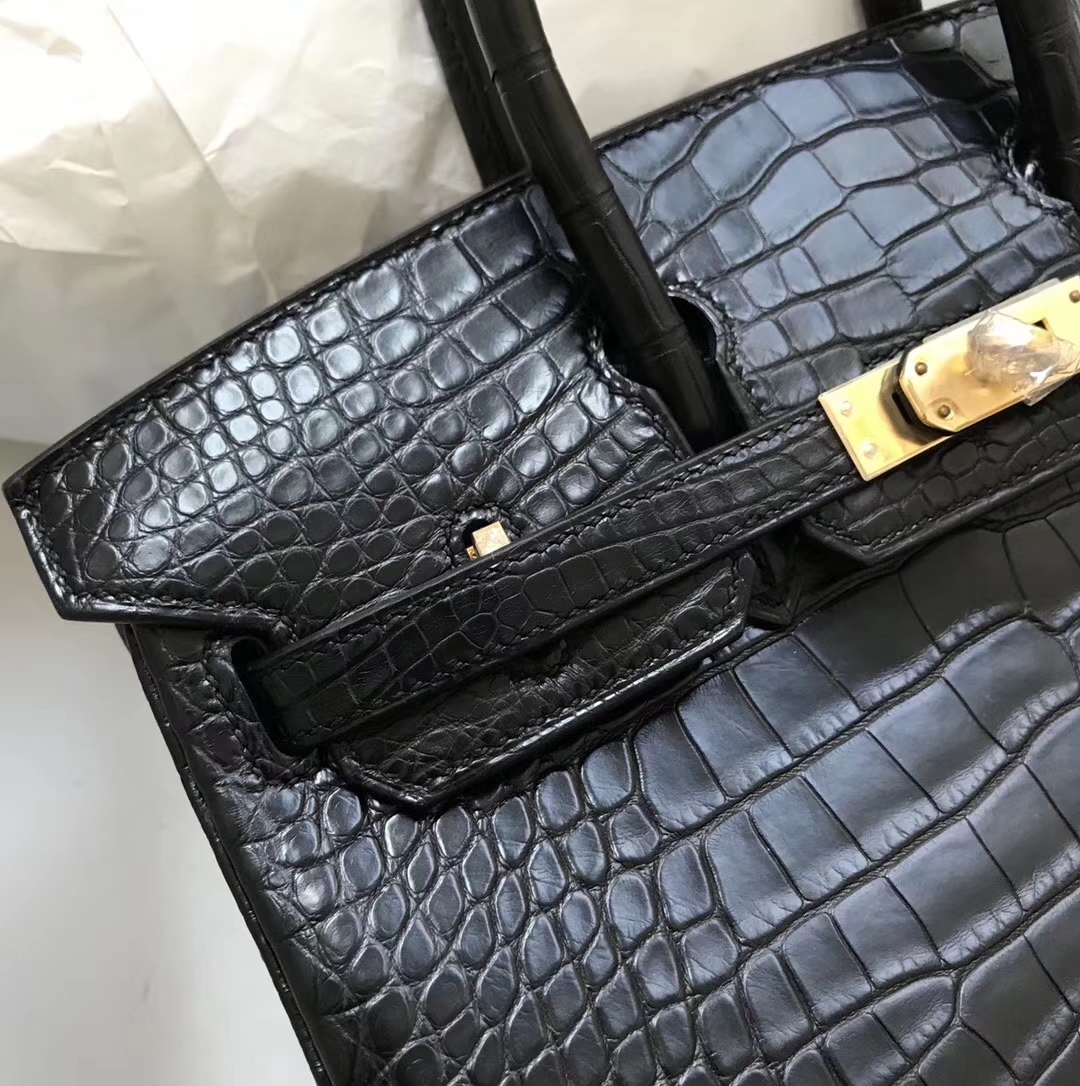 エルメスバーキンバッグエルメスブラックマットクロコダイルレザープラチナバッグBirkin30CMゴールドバックル