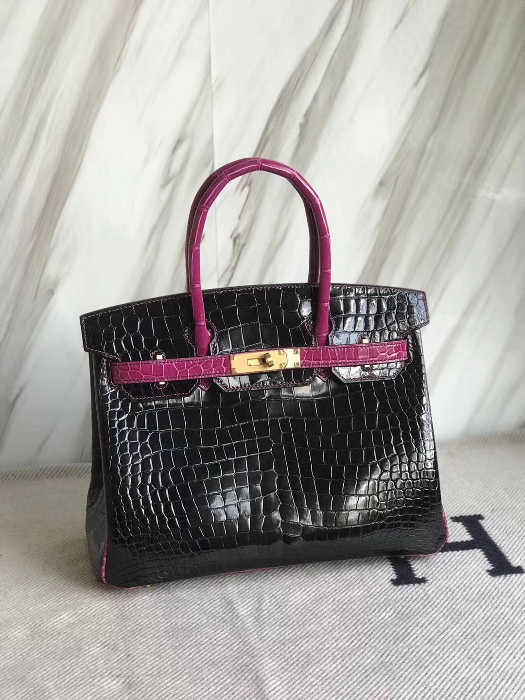 エルメスバーキンバッグエルメスシャイニーベイクロコダイルレザープラチナバッグBirkin30CMCK89ブラック/J5アラビアンナイトピンクパープル