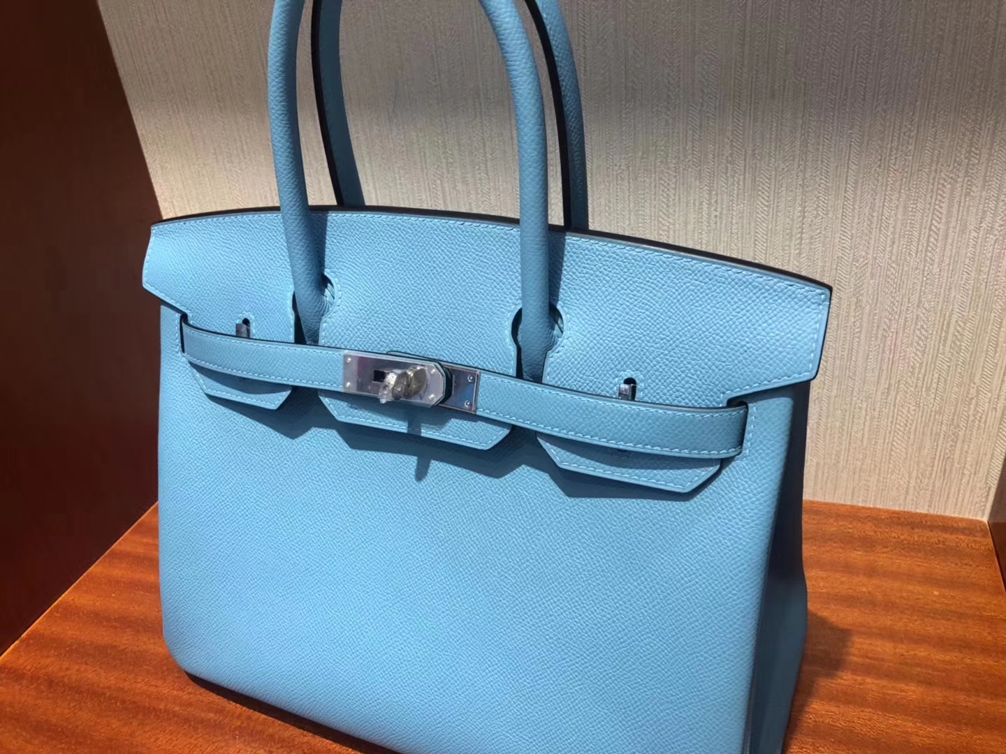 スポットエルメスエルメス2019最新カラーP3ノーザンブルーパームグレイン牛革プラチナバッグBirkin30CMシルバーバックル