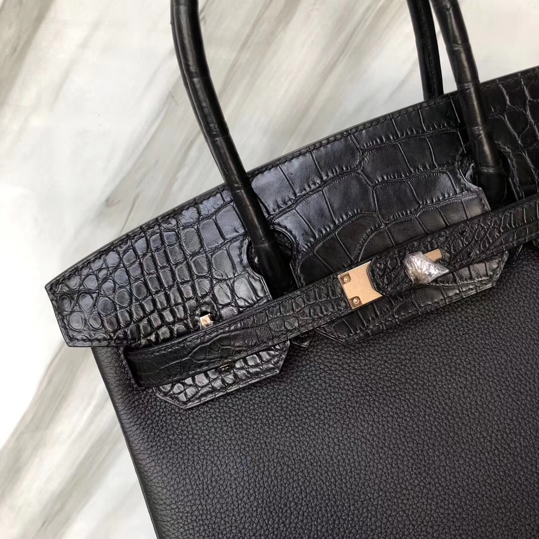 カスタムエルメスBirkin30CMエルメスブラックマットクロコダイルレザーとトーゴレザープラチナバッグローズゴールドバックル