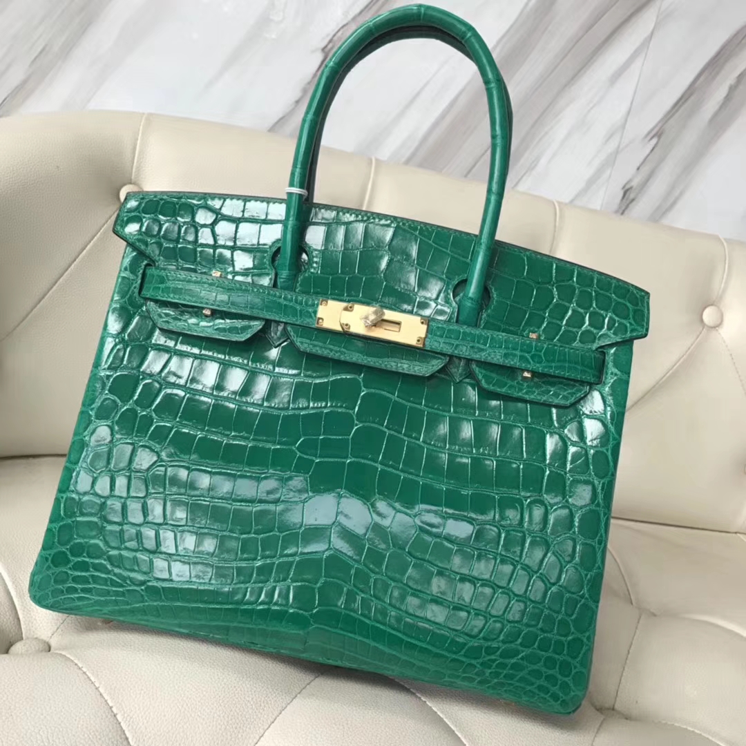 エルメスバーキンレディースバッグエルメスシャイニークロコダイルレザープラチナバッグBirkin30CM6Qエメラルドグリーンゴールドバックル