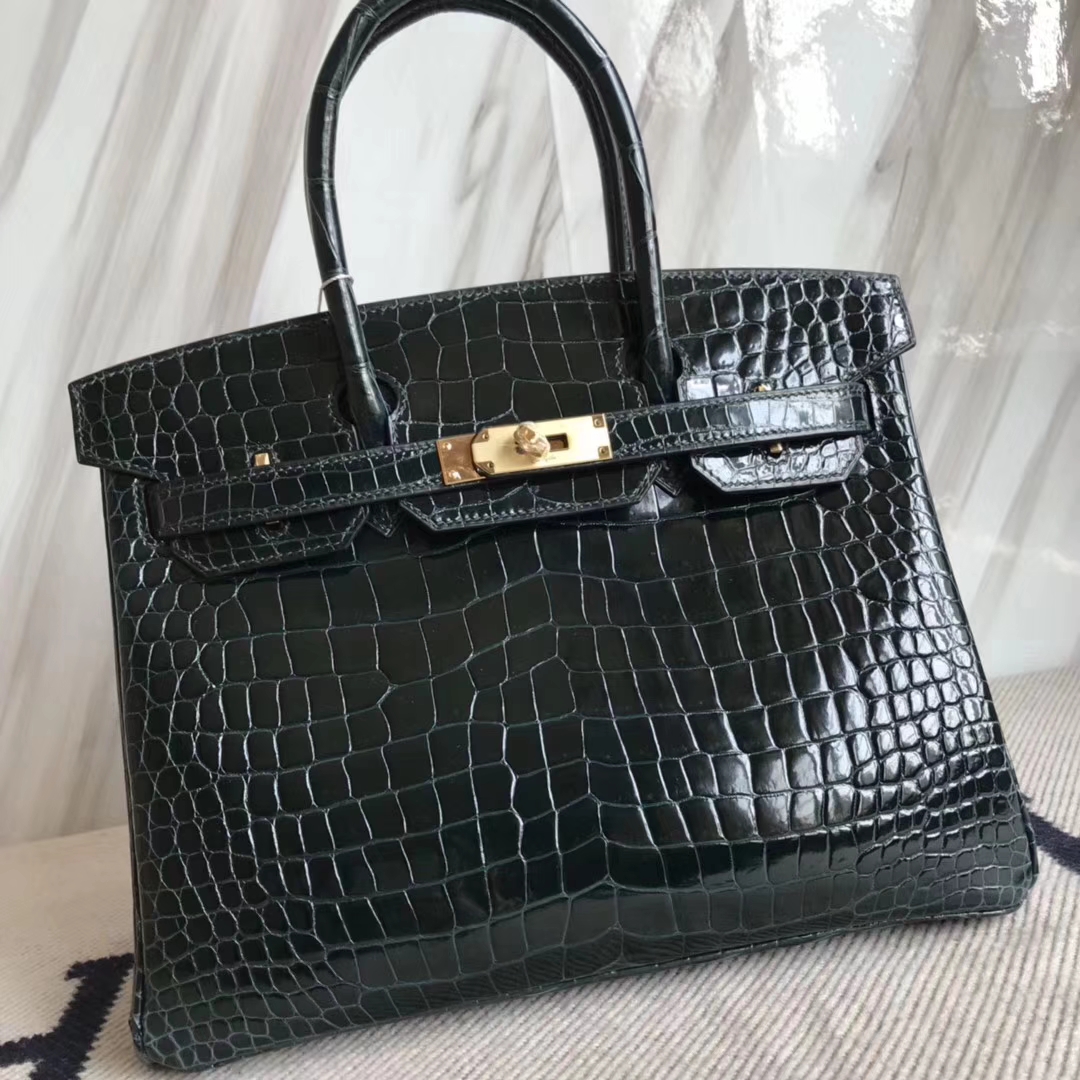 エルメスBirkin30CMエルメスシャイニークロコダイルレザープラチナバッグバーキンレディースバッグ1Pダックグリーンゴールドバックル