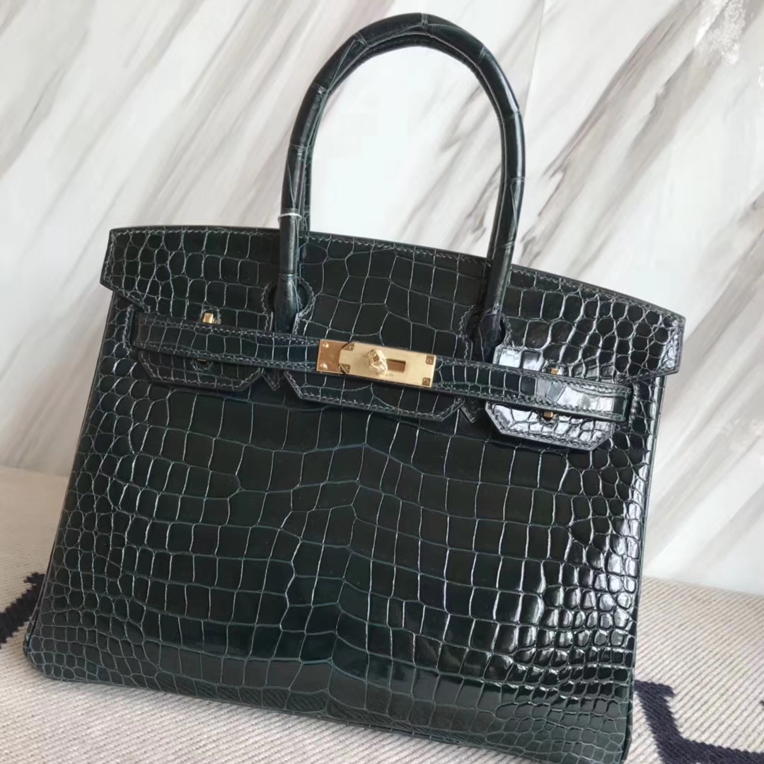 エルメスBirkin30CMエルメスシャイニークロコダイルレザープラチナバッグバーキンレディースバッグ1Pダックグリーンゴールドバックル