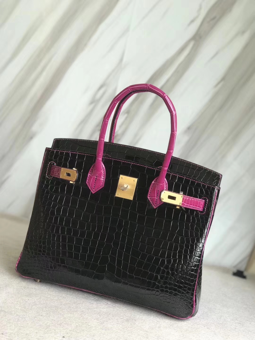 エルメスバーキンバッグエルメスシャイニーベイクロコダイルレザープラチナバッグBirkin30CMCK89ブラック/J5アラビアンナイトピンクパープル