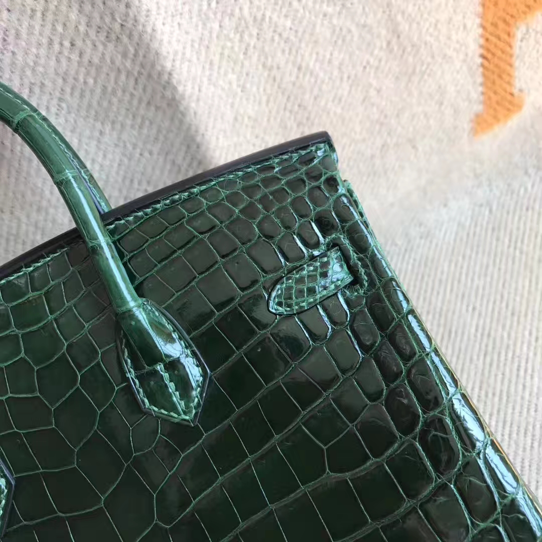 エルメスバッグ卸売エルメスCK67エメラルド光沢のあるクロコダイルレザーBirkin25プラチナシルバーバックル