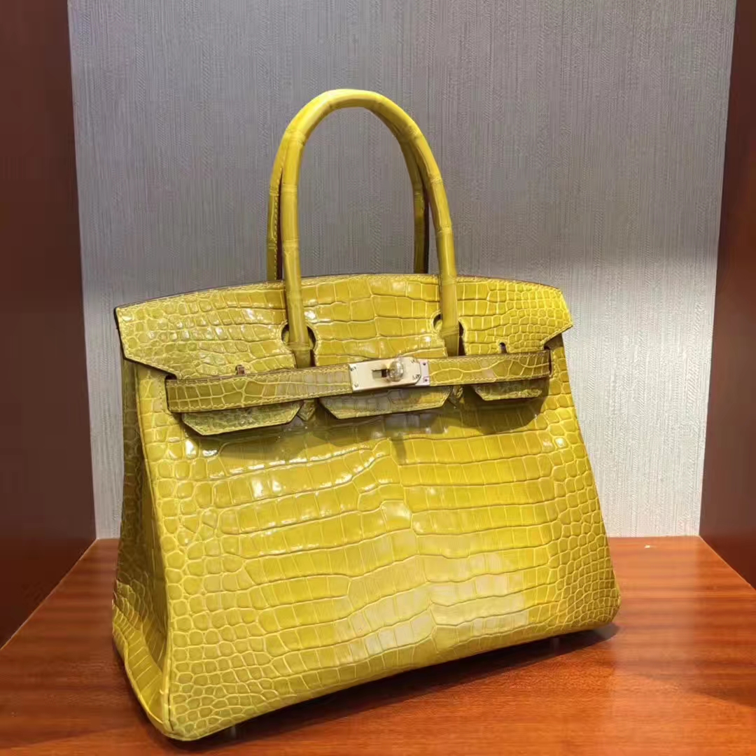 スポットエルメスBirkin30CMエルメス9D琥珀色黄色明るいクロコダイルレザープラチナバッグゴールドバックル